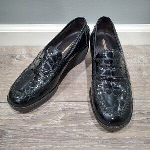Donald J Pliner Nia2 Black Patent Leather Crocodile Print Wedge Loafer Shoe 8.5M